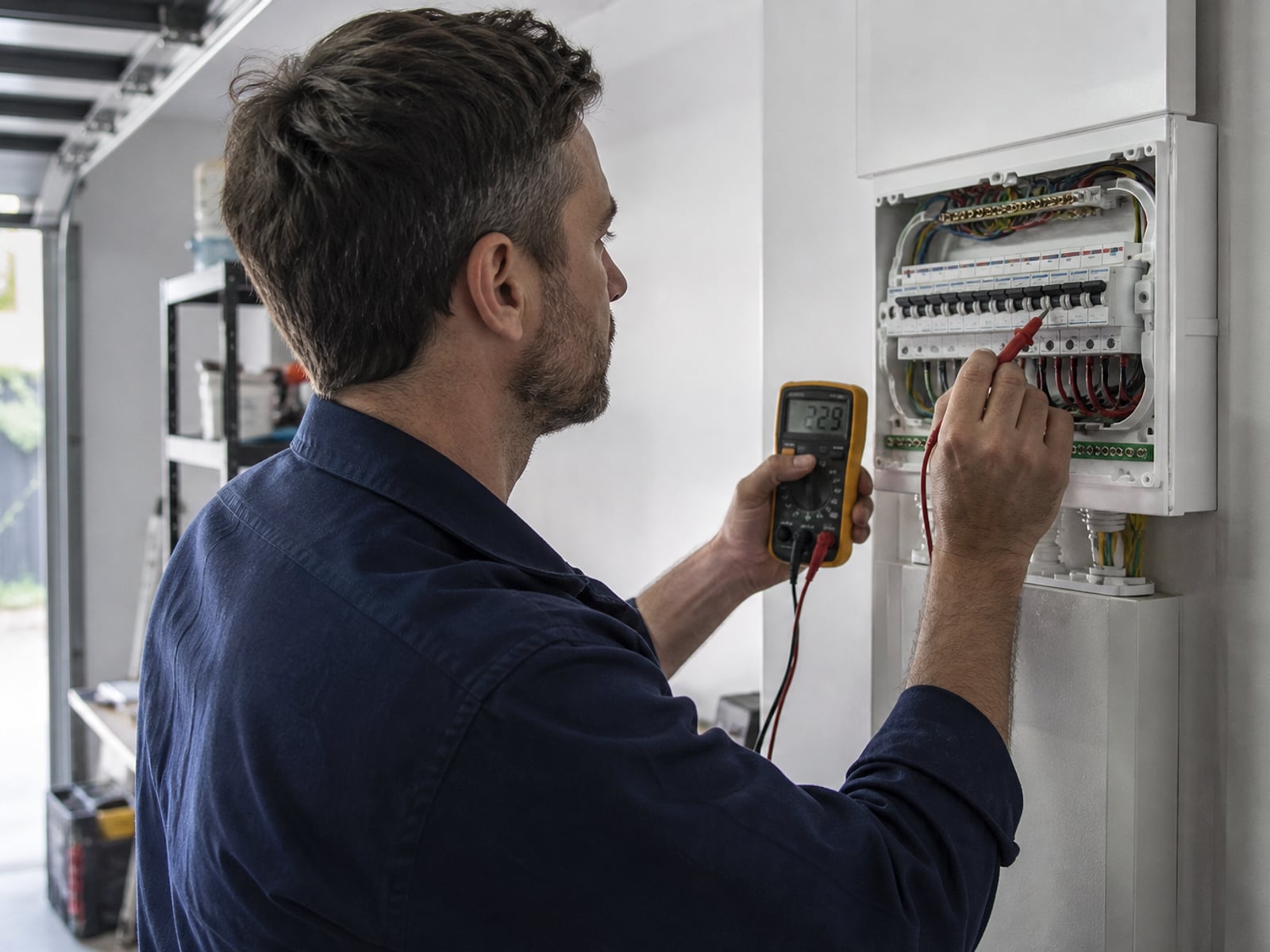 Licensed electrician testing a switchboard